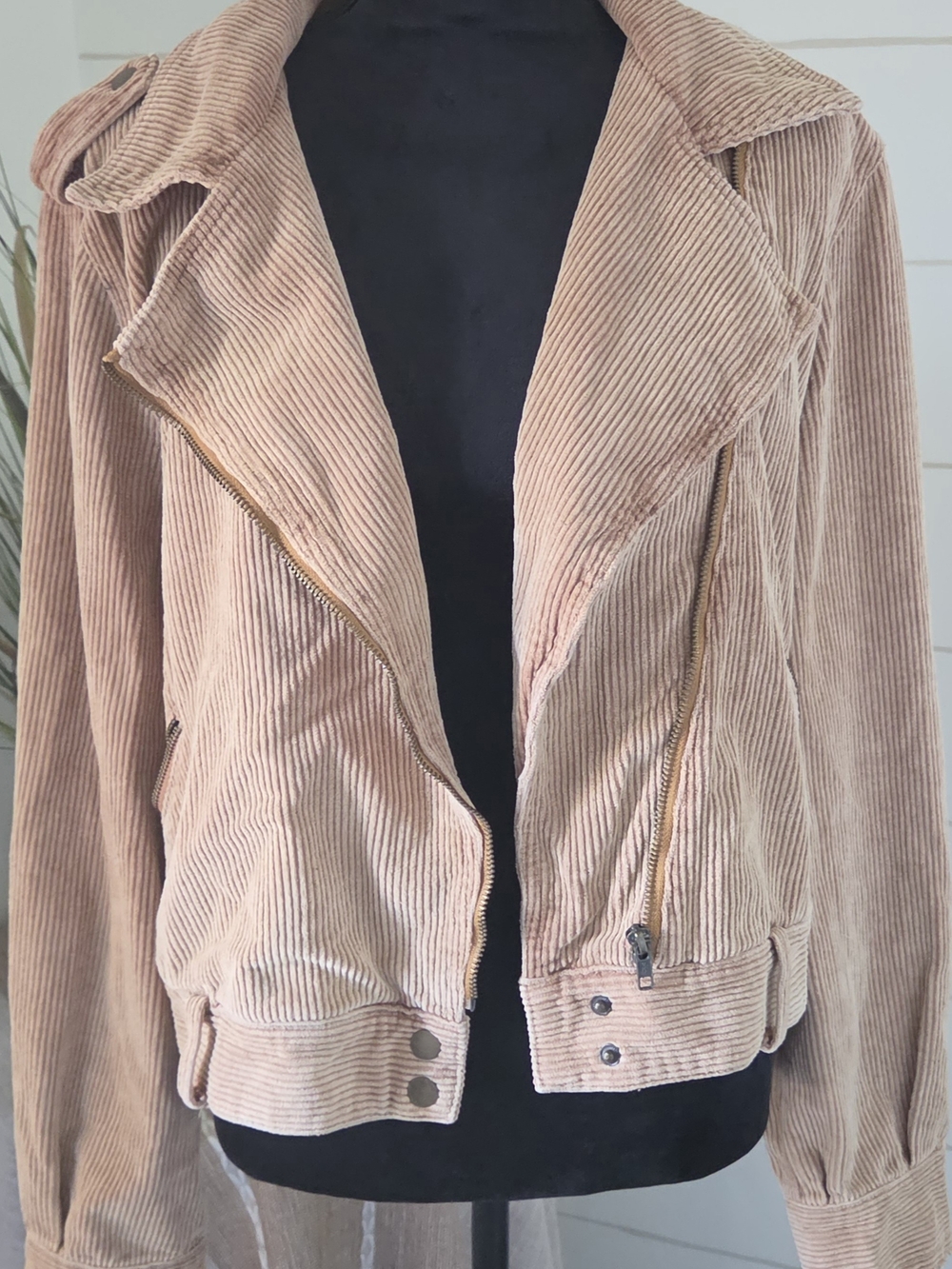 POL Tan Cotton Corduroy Asymmetric Zip Belted Cropped Moto Motorcycle Jacket M